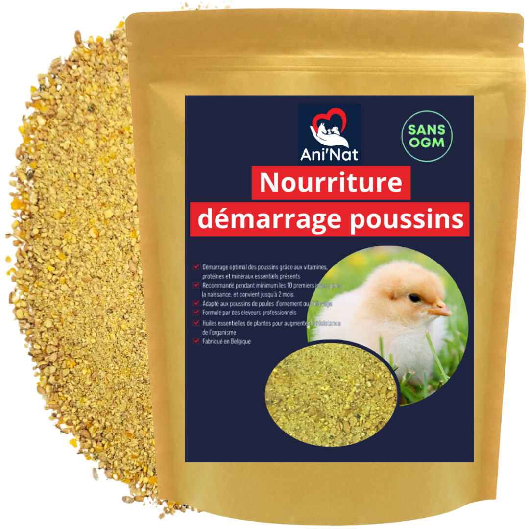 Nourriture démarrage poussins, aliment 1er âge complet avec huiles essentielles, vitamines et minéraux