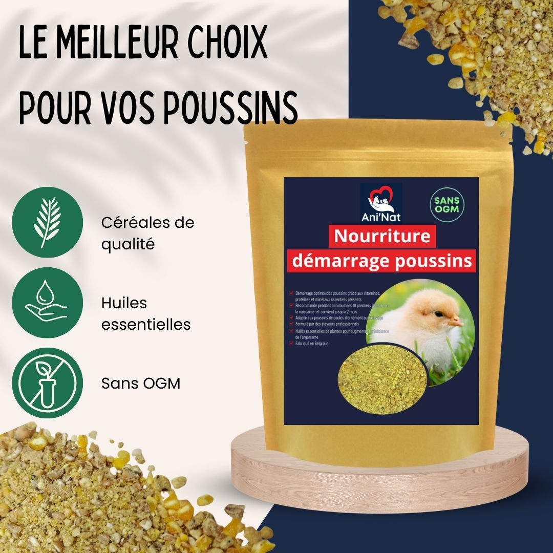 Nourriture démarrage poussins, aliment 1er âge complet avec huiles essentielles, vitamines et minéraux